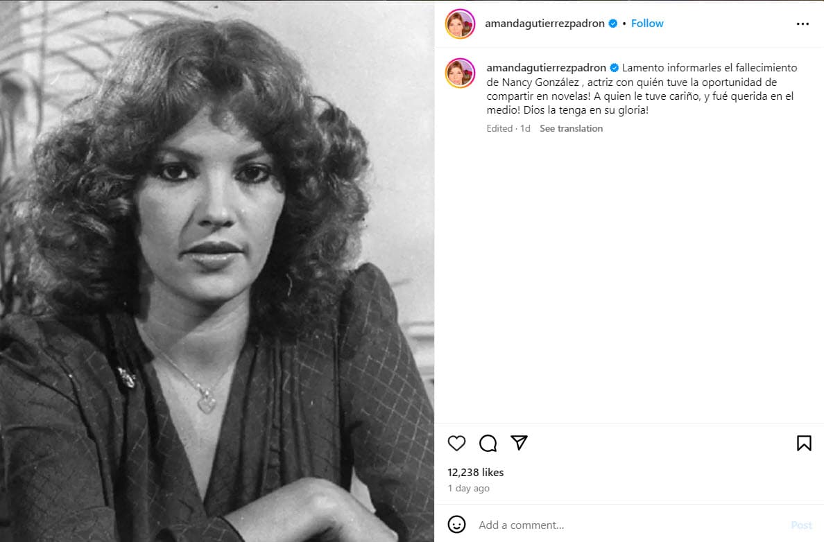 La actriz Amanda Gutiérrez Padrón lamentó la muerte de Nancy González.