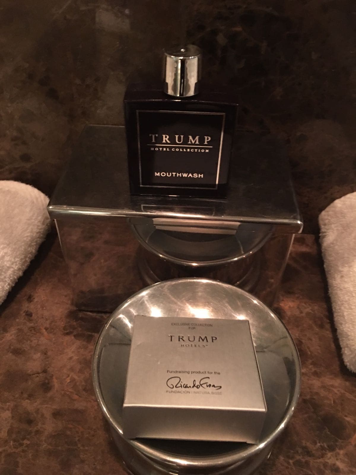 Mouthwash and soap bear Trump's name in the hotel rooms.