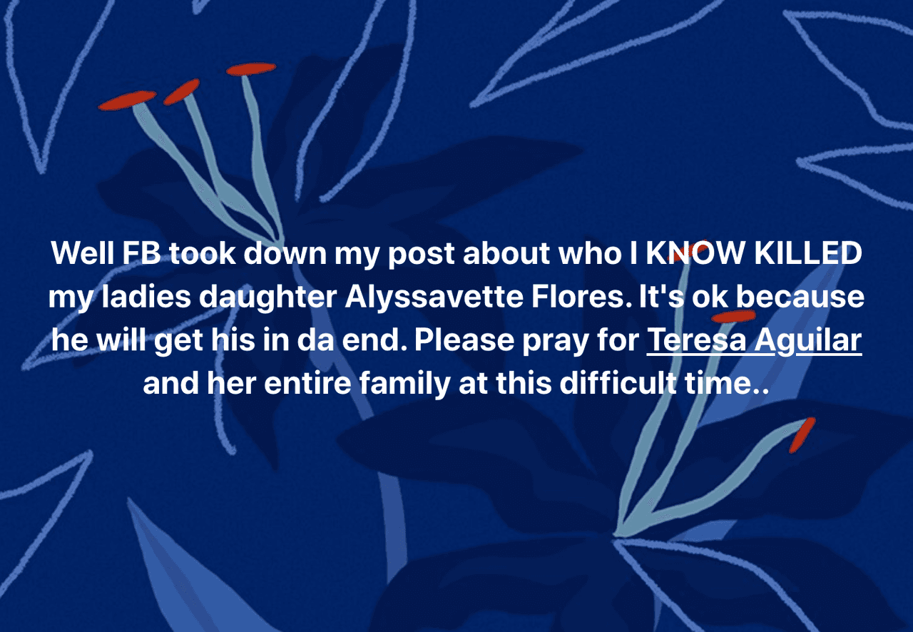 "Bueno, Facebook quitó mi publicación de que
<b>SÉ QUIÉN MATÓ a Alyssavette Flores</b>, la hija de mi dama. Está bien, porque al final, a él le llegará lo suyo. Por favor, oren por Teresa Aguilar y toda su familia en este momento difícil", declaró Paul Robles.