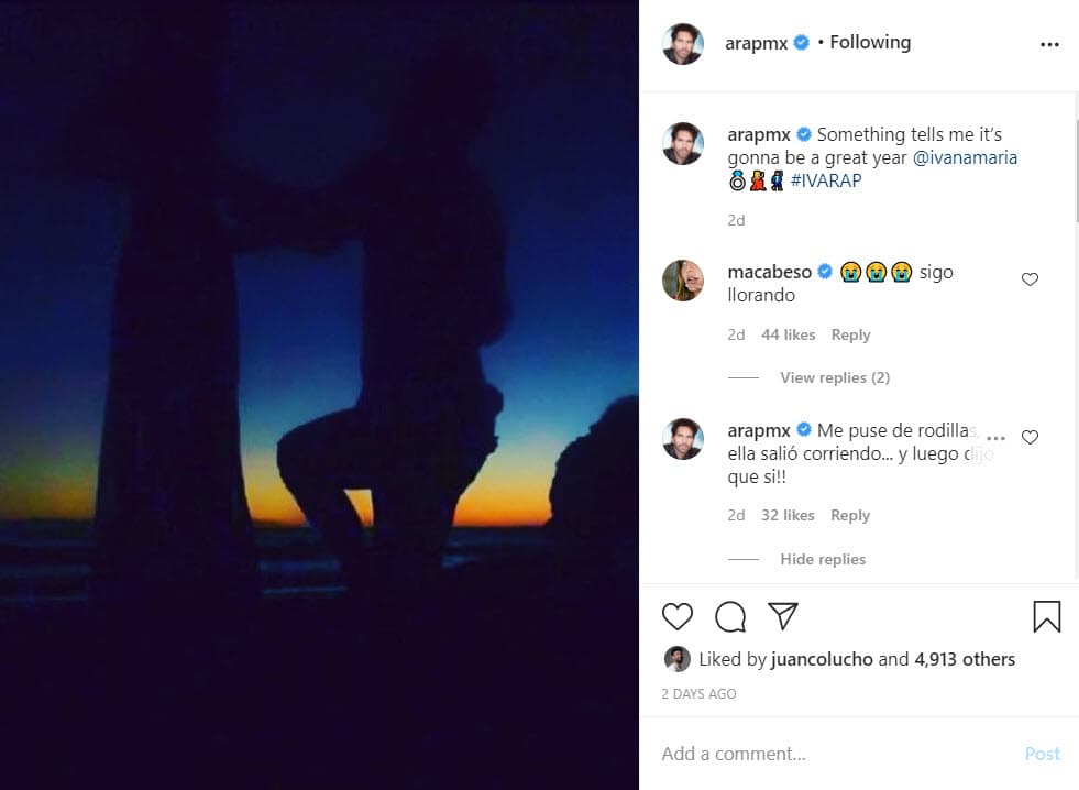 El actor arrancó el 2021 en las playas de Guerrero, México, entregando el anillo de compromiso: "Algo me dice que va a ser un gran año @ivanamaria" escribió Bethke. "Me puse de rodillas, ella salió corriendo... ¡y luego dijo que sí!", explicó en los comentarios de la publicación de Instagram.