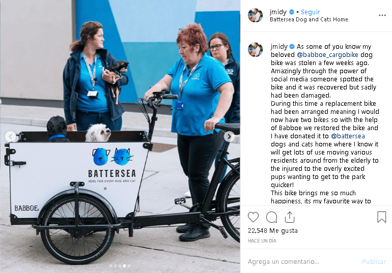 "Restauramos la bicicleta y la he donado a la casa de perros y gatos 
<b><a href="https://www.battersea.org.uk/" target="_blank">Battersea</a></b> donde sé que será muy útil trasladar a varios residentes: desde ancianos hasta heridos, ¡hasta cachorros demasiado emocionados que desean llegar al parque más rápido!", dijo James a través de su publicación.