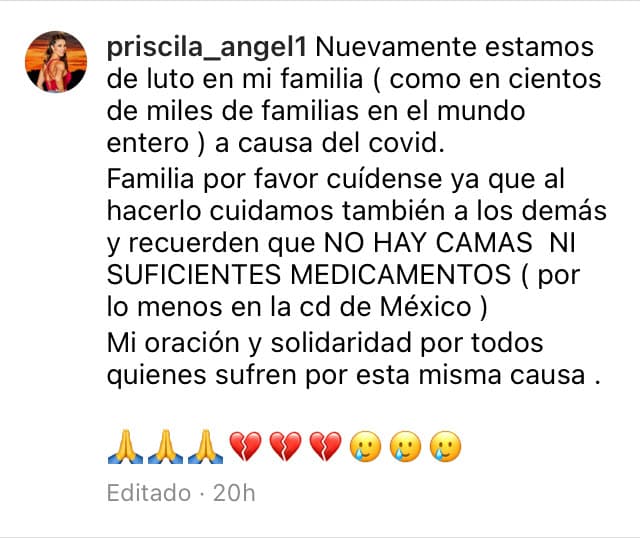 En el resto de la publicación, hizo un llamado para que sus fans se cuiden y les recordó "que no hay camas ni suficientes medicamentos" en la Ciudad de México. 
<br>