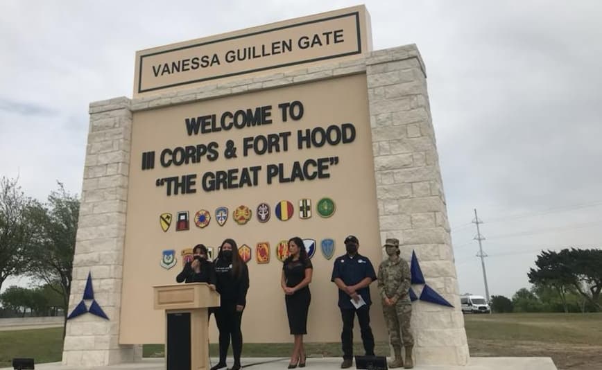 Members of the Guillen family attending the inaguration of the Vanessa Guillen entrance gate at Fort Hood, Texas, April 19, 2021.