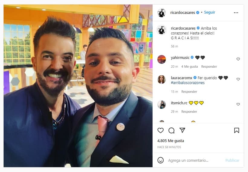 Ricardo Casares, quien también compartió la conducción en ‘Venga la alegría’, con Del Solar, publicó una fotografía en la que aparece con él y el texto: “¡Arriba los corazones! ¡Hasta el cielo! ¡Gracias!”. 
<br>