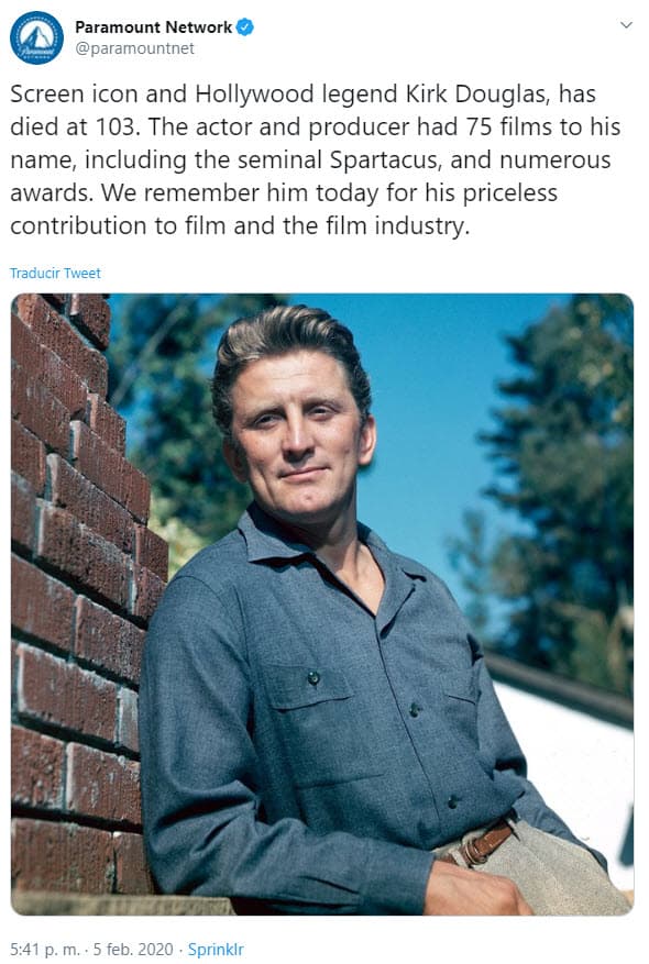 Importantes compañías cinemátográficas también se pronunciaron ante la muerte del actor, como Paramount: "El ícono del cine y leyenda de Hollywood Kirk Douglas murió a los 103 años. El actor y productor tuvo 75 películas a su nombre, incluida Spartacus, además de numerosos premios. Lo recordamos hoy por su valiosa contribución a la industria del cine".