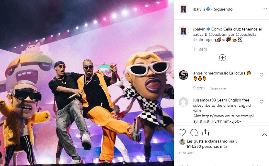 <b>5. J Balvin: </b>siempre se ha caracterizado por su buen humor y sus simpáticos posts en IG. Como el día en que subió esta imagen con Bad Bunny de un concierto en Coachella con el mensaje: "Como Celia Cruz, tenemos el azúcar".