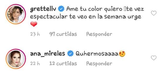 <b>Grettell Valdez</b> escribió: "Amé tu color. Quiero. Te ves espectacular. Te veo en la semana, urge". Mientras que Ana Mireles enfatizó la belleza de Ariadne Díaz.
