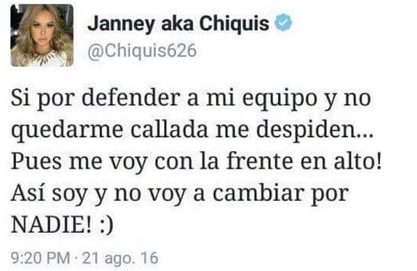 Su salida fue sorpresiva para muchos, incluso para ella y sin tapujos compartió esta frase en su cuenta de Twitter.