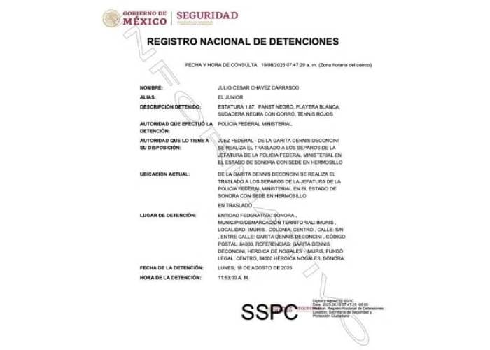Ficha de detención en México de Julio César Chávez Carrasco alias 'El Junior'.