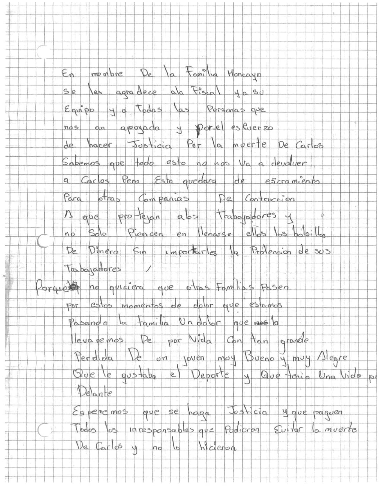 Mensaje que ofreció la familia Moncayo en la corte, antes de la sentencia.