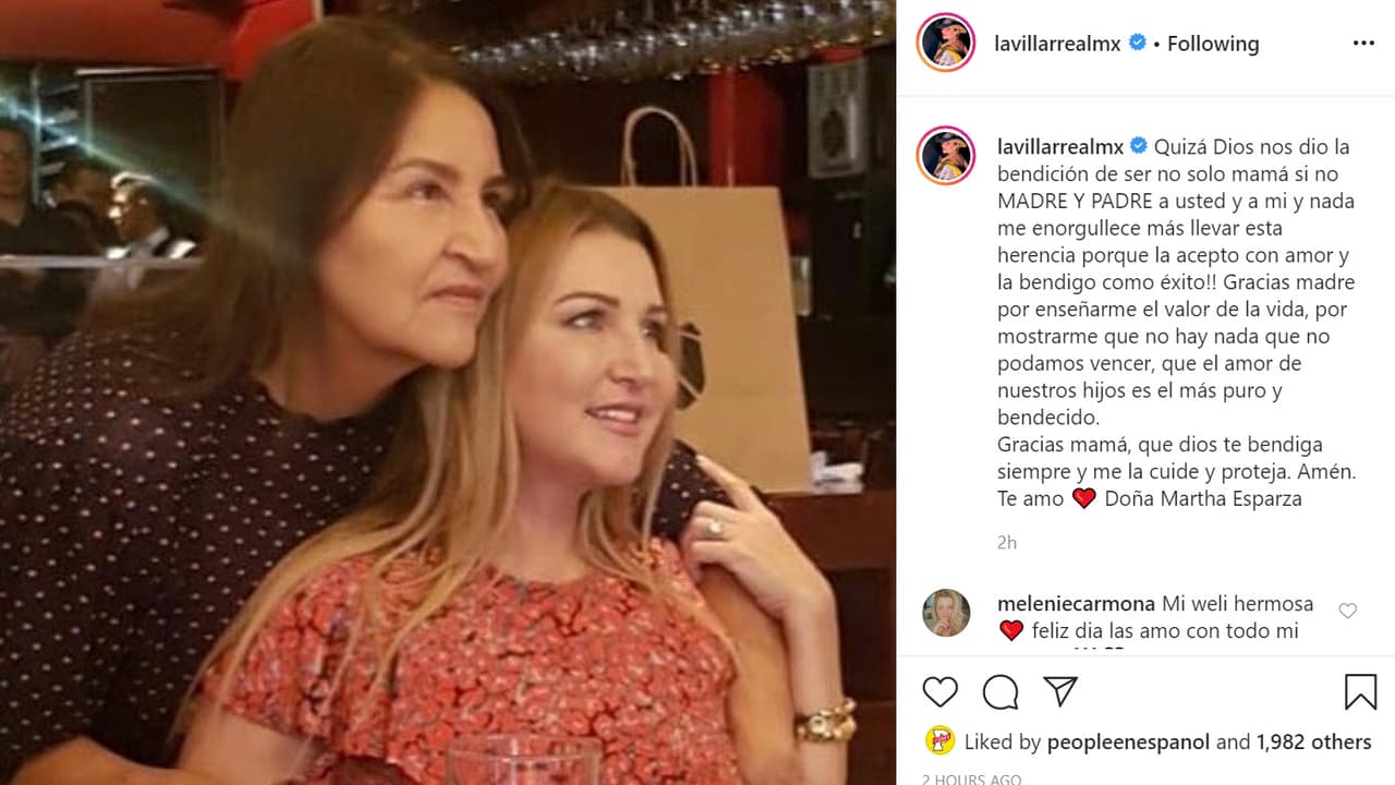 La cantante 
<b><a href="https://www.univision.com/temas/alicia-villarreal" target="_blank">Alicia Villarreal</a></b> honró a su madre, Martha Esparza, al resaltar que tuvieron "la bendición de 
<b><a href="https://www.instagram.com/p/CAA26zPJk9O/" target="_blank">ser no solo mamá</a></b> si no madre y padre": "¡Nada me enorgullece más que llevar esta herencia porque la acepto con amor y la bendigo como éxito! Gracias, madre por enseñarme el valor de la vida, por mostrarme que no hay nada que no podamos vencer, que el amor de nuestros hijos es el más puro y bendecido".