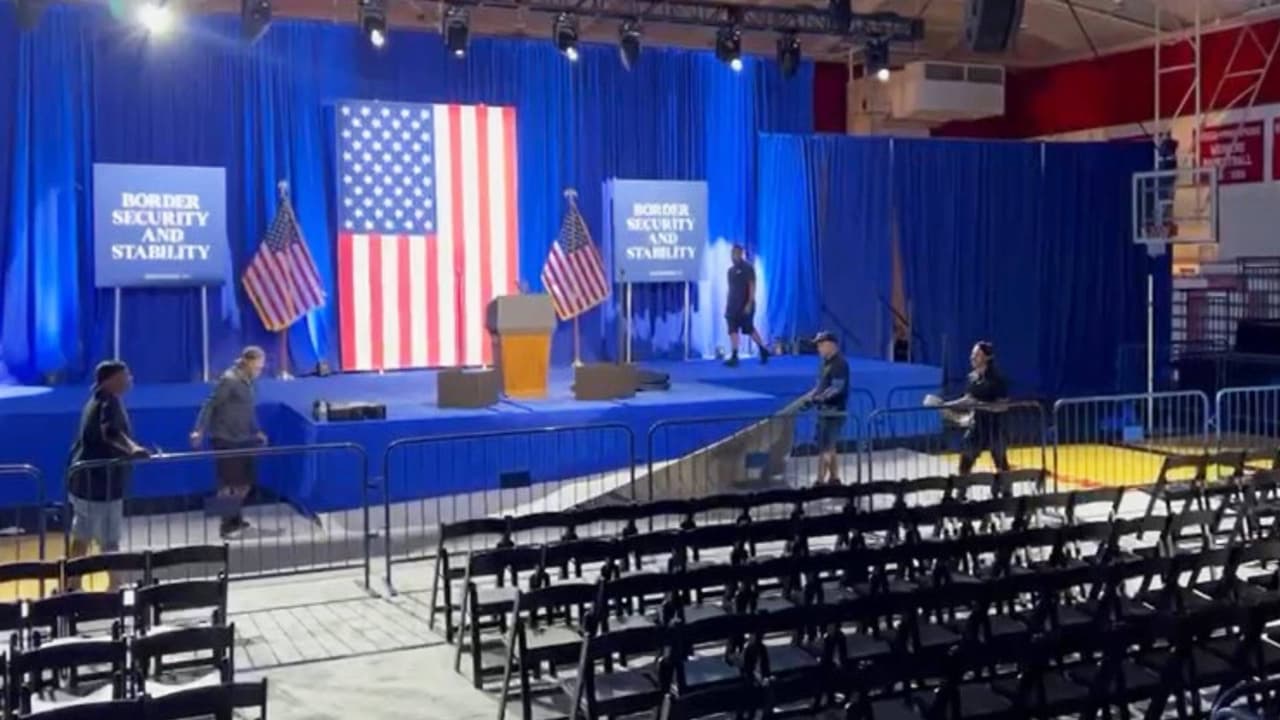 Cómo alistaban el sitio para el discurso de Kamala Harris en Cochise.