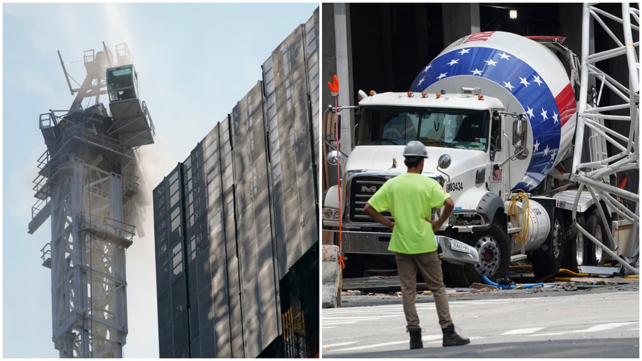 Parte del brazo de extensión de una grúa de construcción de gran altura se estrelló contra un camión de cemento.