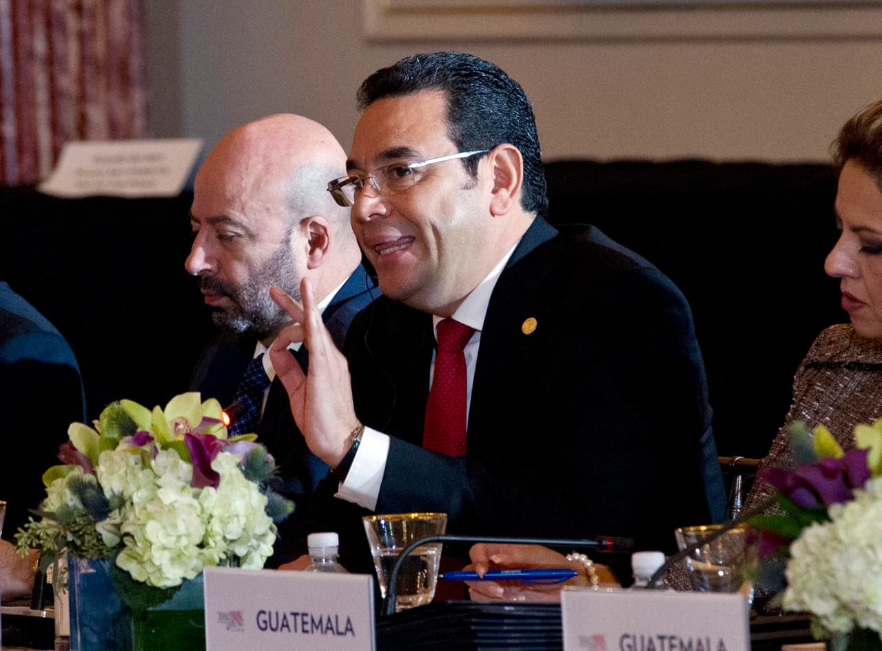 Guatemala's President Jimmy Morales speaks during the second Conference for Prosperity and Security in Central America at State Department on Thursday, Oct. 11, 2018, in Washington. (AP Photo/Jose Luis Magana)