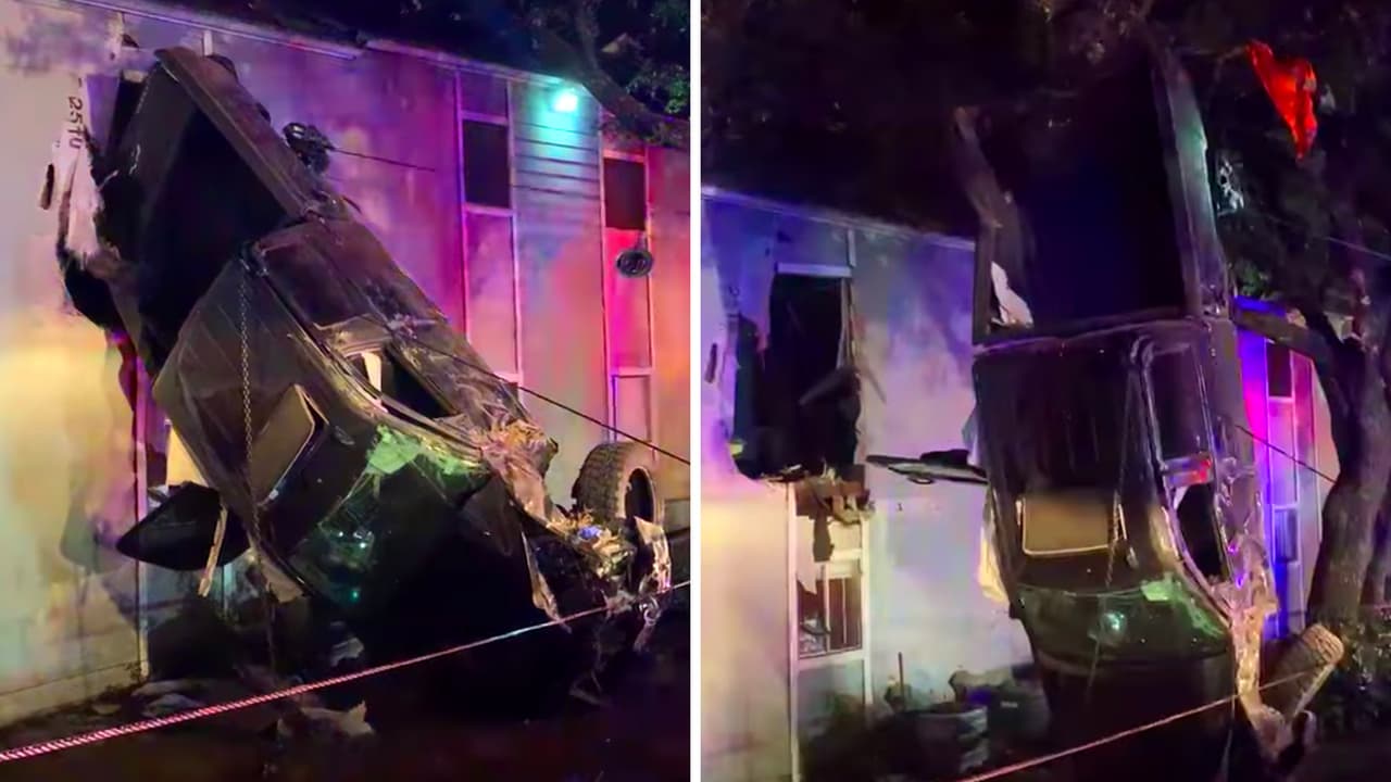 Camioneta vuela unos 50 pies y termina metida en un edificio de los apartamentos Villas Del Sol, en Austin