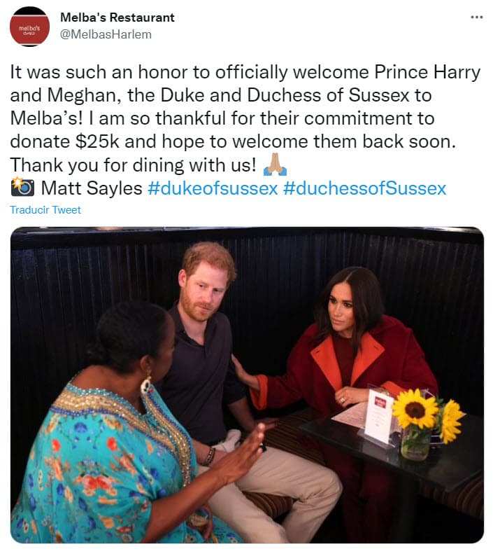 Más tarde, la cuenta oficial del restaurante informó que los duques de Sussex se comprometieron a donar una cantidad de dinero como apoyo.
<br>