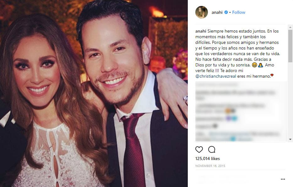 Al enterarse de la entrevista, Anahí compartió un mensaje en su cuenta de Instagram donde le reiteró su cariño: "Siempre hemos estado juntos, en los momentos más felices y también los difíciles porque somos amigos y hermanos y el tiempo y los años nos han enseñado que los verdaderos nunca se van de tu vida. No hace falta decir nada más. Gracias a Dios por tu vida y tu sonrisa. ¡Amo verte feliz! Te adoro mi @christianchavezreal, eres mi hermano".