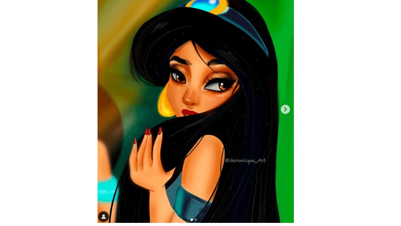 ¿Te imaginas si la princesa 
<b>Jasmine</b> tuviera un ‘glow up’? Veronique de nuevo se encargó de mostrarnos cómo luciría. Las uñas y labios de un rojo cereza, el cabello brillante y sedoso, por supuesto, no puede faltar un excelente ‘make up’ y una mirada que denota toda la seguridad del mundo.