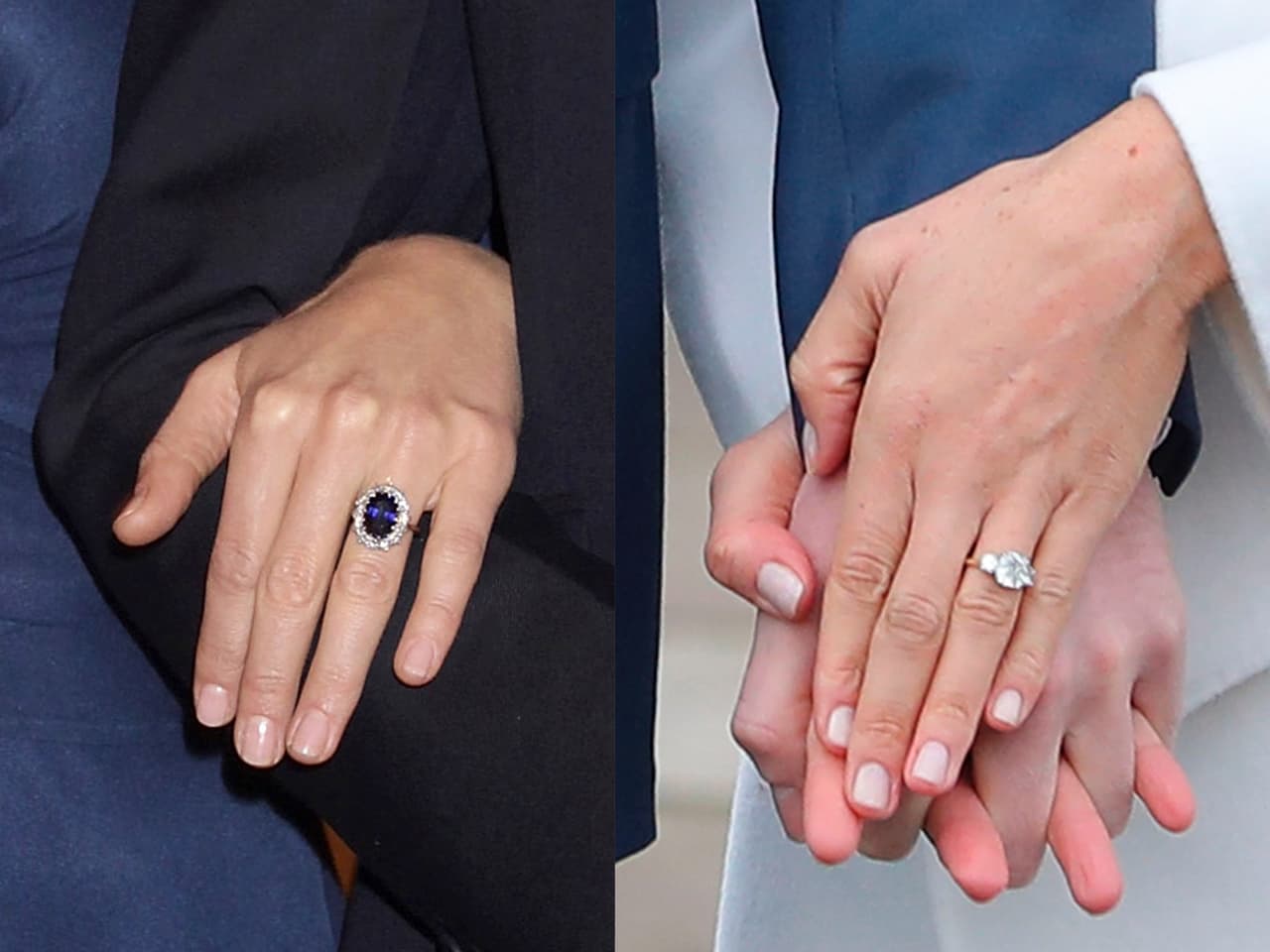 El príncipe William se comprometió con Kate Middleton con el mismo anillo de compromiso con el que su padre lo hizo con su madre, Lady Di. La joya obsequiada por el príncipe Carlos tiene un zafiro de 12 quilates rodeado de 14 pequeños diamantes. La joya diseñada por Harry para Meghan tiene tres diamantes: uno que trajo de Botsuana y otros dos de la colección de su madre.