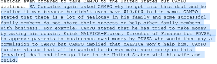 Prosecutors say Campo confessed to DEA agent Sandalio Gonzalez that he planned the drug deal because his family did "not share their success."