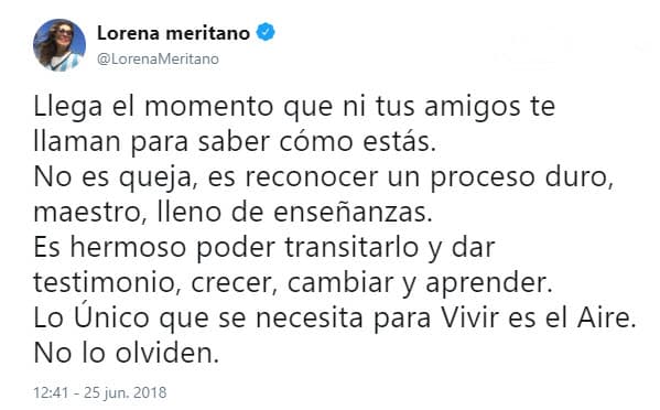 La actriz ha dejado entrever, a través de sus redes sociales, que ha vivido sola esta lucha: "Llega el momento que ni tus amigos te llaman para saber cómo estás", se lee en Twitter.