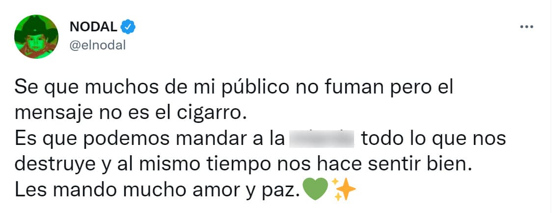 En un segundo mensaje dejó en claro que su confesión no tenía que ver tanto con el cigarro, sino que "podemos
<b>mandar a la mierd… todo lo que nos destruye </b>y al mismo tiempo nos hace sentir bien".
<br>