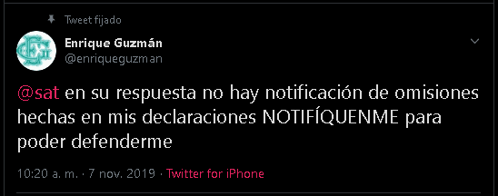 Unas horas antes de la publicación de los anteriores mensajes, el roquero insistió en que no se le notificó sobre alguna omisión en sus declaraciones de impuestos: "En su respuesta no hay notificación de omisiones hechas en mis declaraciones. Notifíqueme para 
<b><a href="https://www.univision.com/radio/raul-brindis/enrique-guzman-revela-que-podria-tener-problemas-de-impuestos-y-luego-se-arrepiente-video" target="_blank">poder defenderme</a></b>".