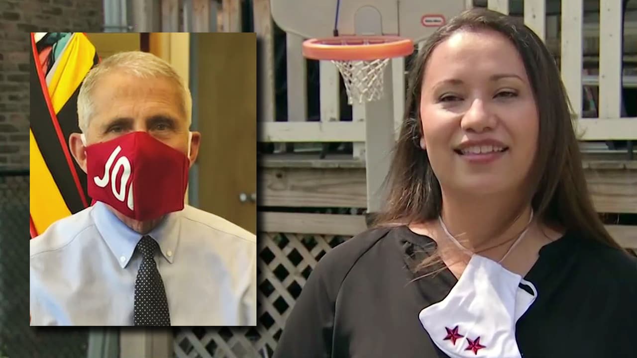 <a href="https://www.univision.com/shows/despierta-america/mascarillas-futboleras-asi-fue-como-la-pandemia-cambio-la-vida-de-una-maestra-en-chicago-video">Melizabeth Santos</a> alcanzó un éxito inesperado creando mascarillas cubrebocas, que incluso llegaron al rostro del dr. Anthony Fauci.