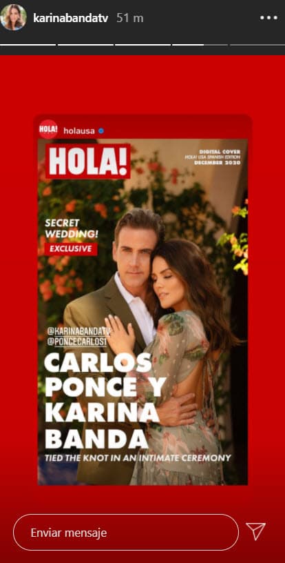 El enlace se llevó a cabo en Florida y las hijas gemelas del actor, 
<b>Sienna</b> y 
<b>Savannah</b>, 
<b>fueron testigos de la boda civil</b>, reportó la revista 
<a href="https://us.hola.com/es/celebrities/20201201ftgezsav9u/carlos-ponce-karina-banda-boda-secreta-casados" target="_blank">¡Hola!</a>
<br>