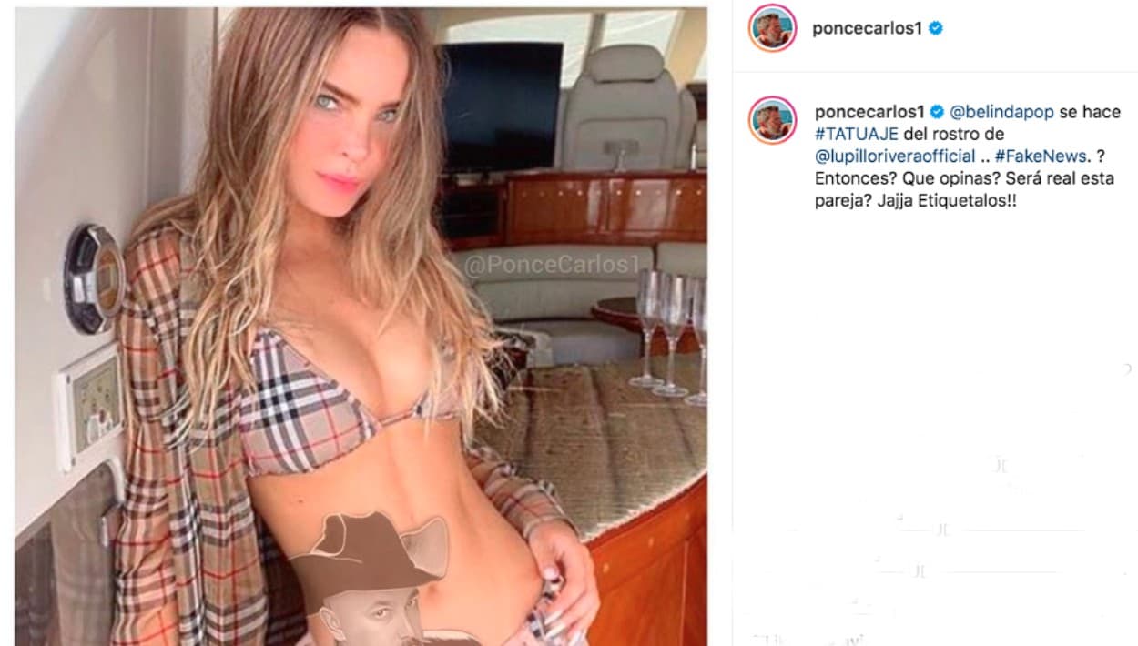 En los pasados días ha cobrado fuerza el rumor de que
<b><a href="https://www.univision.com/famosos/belinda-deja-impresionado-a-lupillo-rivera-con-esta-foto-en-traje-de-bano-mira-el-mensajito-que-le-dejo-fotos">Belinda y Lupillo Rivera son novios</a></b>. Eso dio pie a que el actor y cantante Carlos Ponce hiciera este montaje, colocándole un 'tatuaje' falso en el vientre. Sin embargo, hace un tiempo la artista fue motivo de conversación por la edición de una de sus fotos.