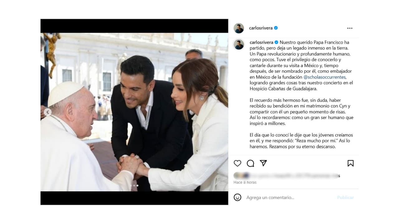 El día que el papa Francisco bendijo el matrimonio de Carlos Rivera y Cynthia Rodríguez.