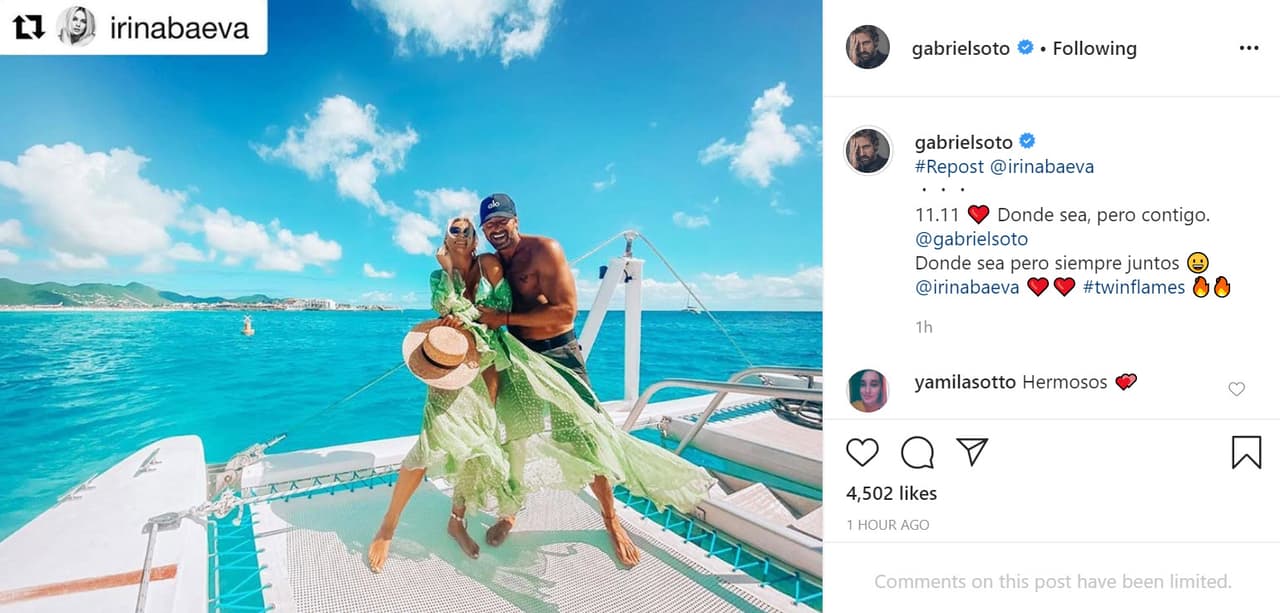 El actor retomó la publicación de su pareja y escribió: "Donde sea pero 
<b>siempre juntos Irina Baeva</b>. Flamas gemelas".
<br>