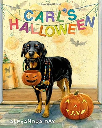 Carl’s Halloween, por Alexandra Day: Toneladas de diversión para los niños. En este libro de puros dibujos, Carl el perro niñera, lleva a la pequeña Madeleine a pedir dulces en Halloween mientras mamá sale a visitar a la abuelita.
