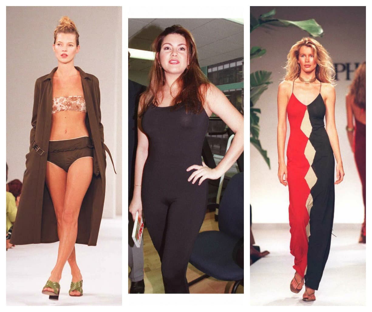 Las modelos Kate Moss (izq) y Claudia Schiffer (der) eran los estándares de belleza cuando Alicia Machado fue coronada reina. Así lucían las tres en 1996.