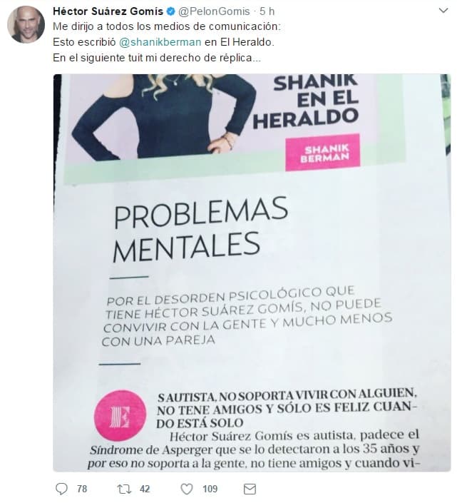 Héctor Suárez Gomís luego de leer la columna de la periodista en un diario mexicano, estalló en sus redes sociales.
