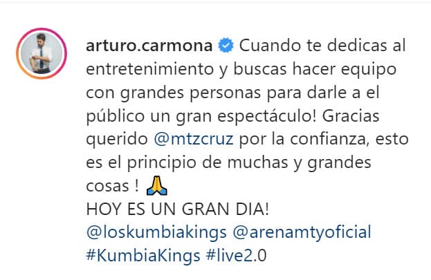 Desde su cuenta de Instagram, Arturo Carmona también dedicó un mensaje para el actual esposo de su ex: "¡
<b>Gracias querido Cruz Martínez</b> por la confianza, esto es el principio de muchas y grandes cosas!".