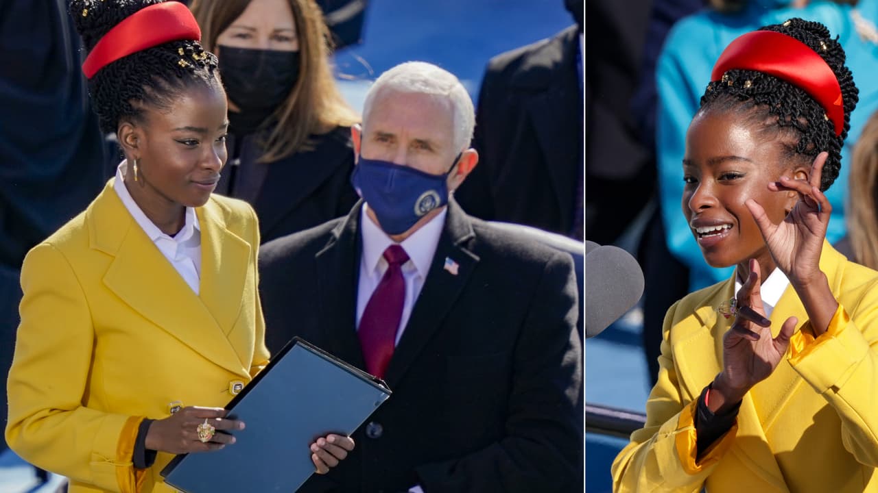 <b>La joven poeta Amanda Gorman acaparó la atención.</b> Con 22 años, la galardonada escritora fue la persona más joven de los últimos tiempos en participar en una ceremonia inaugural. A la izquierda cuando al entrar pasó frente a Mike Pence, a la derecha cuando recitaba “Siempre hay luz”, su emotiva creación en honor al presidente Biden.
