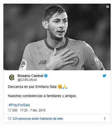 El Twitter oficial del club Rosario Central se sumó a las condolencias por la confirmación del deceso de Sala.