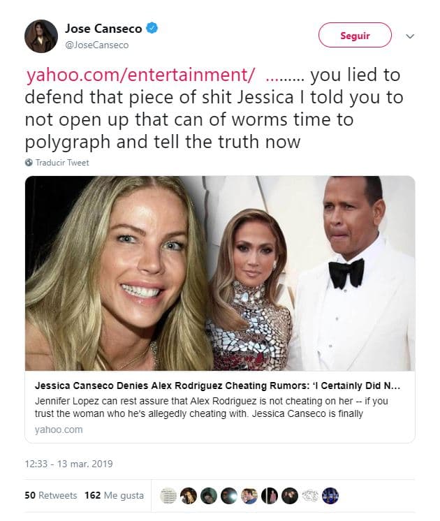 Utilizando Twitter, Canseco escribió: “Jessica, mentiste para defender a ese pedazo de mierda (refiriéndose a A-Rod). Te dije que no abrieras esa lata de gusanos, es tiempo de polígrafo y decir la verdad, ahora”.