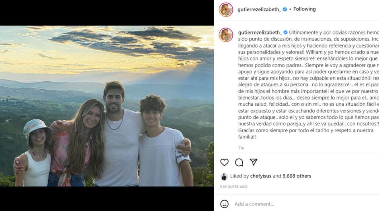 "
<b>¡No hay culpable en esta situación!</b> No me alegro de ataques a su persona... ¡no lo agradezco! Él es el padre de mis hijos, el hombre más importante, el que ve por nuestro bienestar todos los días... Deseo siempre lo mejor para él... amor... mucha salud, felicidad... con o sin mí...", escribió.