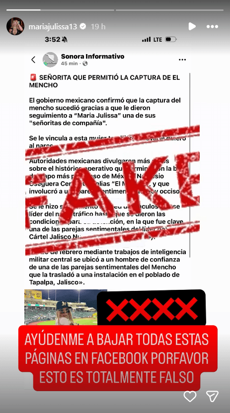 María Julissa calificó como 'fake' las noticias que la vinculan al abatimiento de 'El Mencho'.