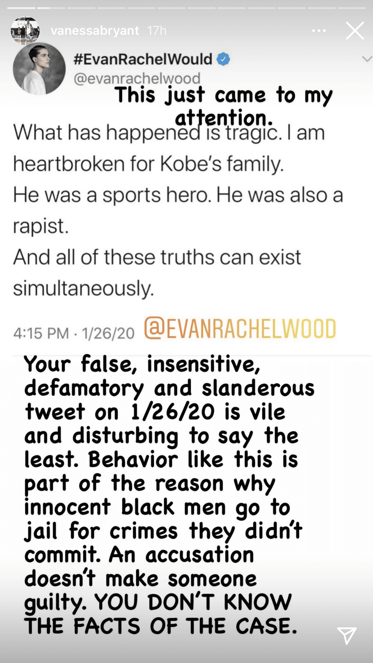 "Tu tuit falso, insensible, difamatorio y calumnioso del 26/1/20 
<b>es vil y perturbador </b>por decir lo menos", le escribió sobre la imagen del mensaje de hace un año. 
<br>