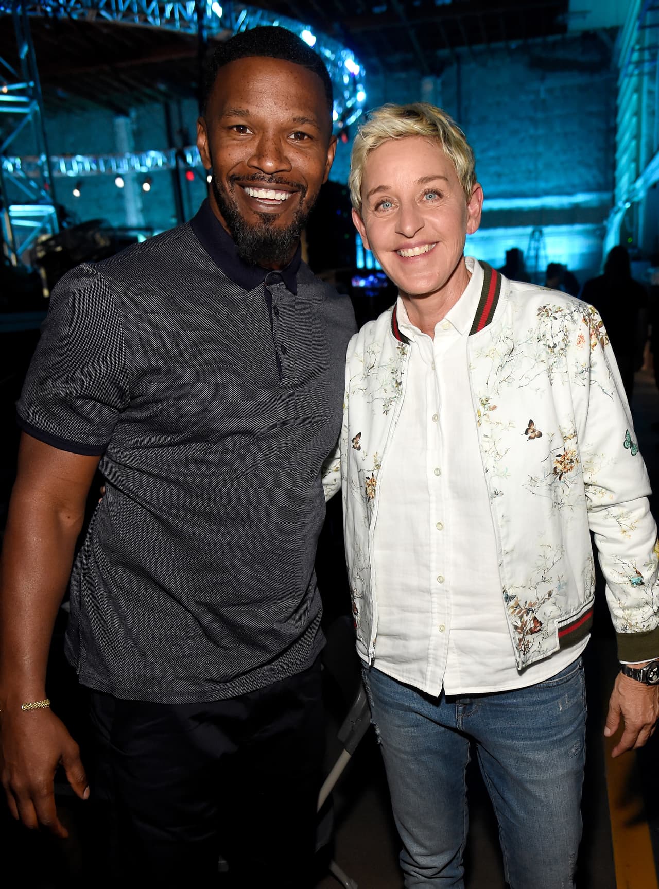 LOS ANGELES, CA - OCTOBER 14: In this handout photo provided by One Voice: Somos Live!, actor Jamie Foxx and tv personality Ellen DeGeneres pose backstage during "One Voice: Somos Live! A Concert For Disaster Relief" at the Universal Studios Lot on October 14, 2017 in Los Angeles, California. (Photo by Kevin Mazur/One Voice: Somos Live!/Getty Images)