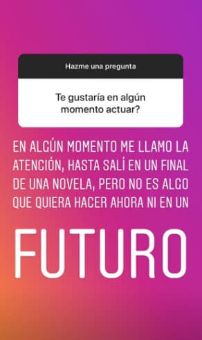 Su personalidad multifacética le ha permitido desempeñarse en varias funciones ante las cámaras, tal como la vimos en Mira Quien Baila en el 2017, sin embargo reveló a sus 2.2 millones de seguidores que la actuación no está en sus planes.