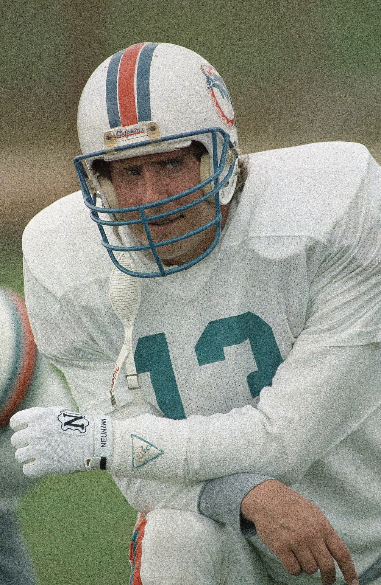 <b>Dan Marino en pleno juego. </b>Estrella de los Miami Dolphin (
<i>quarterback o </i>mariscal de campo). 9 de enero de 1986 en Miami.
