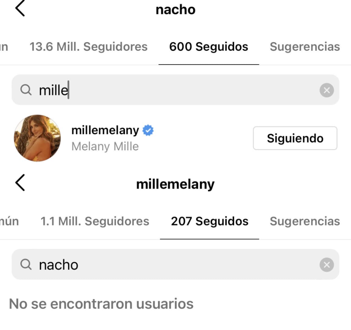 Las sospechas de que existe una supuesta infidelidad y ruptura se despertaron a partir de que algunos fans notaron que ella, efectivamente, ya no sigue en Instagram al cantante.
<b>Nacho sí la seguía</b> hasta la mañana de este jueves 9 de junio.