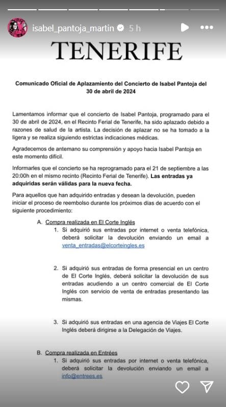 Isabel Pantoja pospone concierto por "razones de salud".