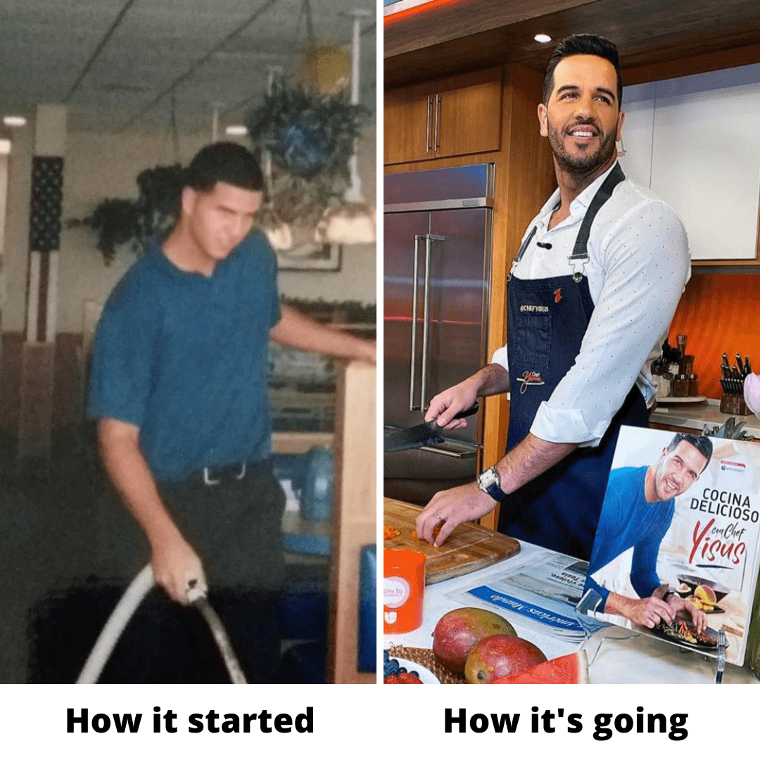 "Recuerda que nada más comenzando vamos ganando", con esta frase, el chef Yisus acompañó la foto dónde aparece regando los pisos recién llegado de Venezuela.