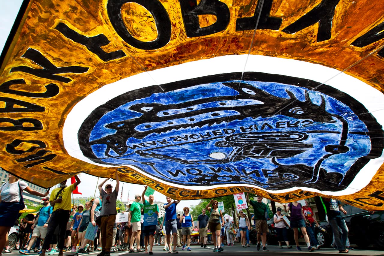 Por la avenida Pennsylvania de Wasington DC también marchan enormes banderas con mensajes ambientales.