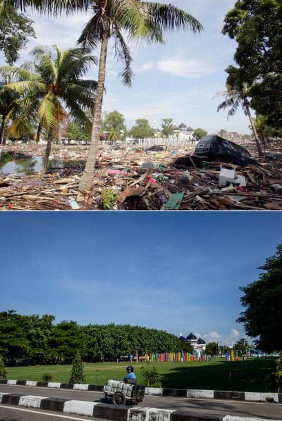La imagen de arriba fue tomada el 28 de diciembre en Banda Aceh, Indonesia. El tsunami arrasó con todo a su paso. En la fotografía de abajo la reconstrucción en el mismo sitio está practicamente terminada.